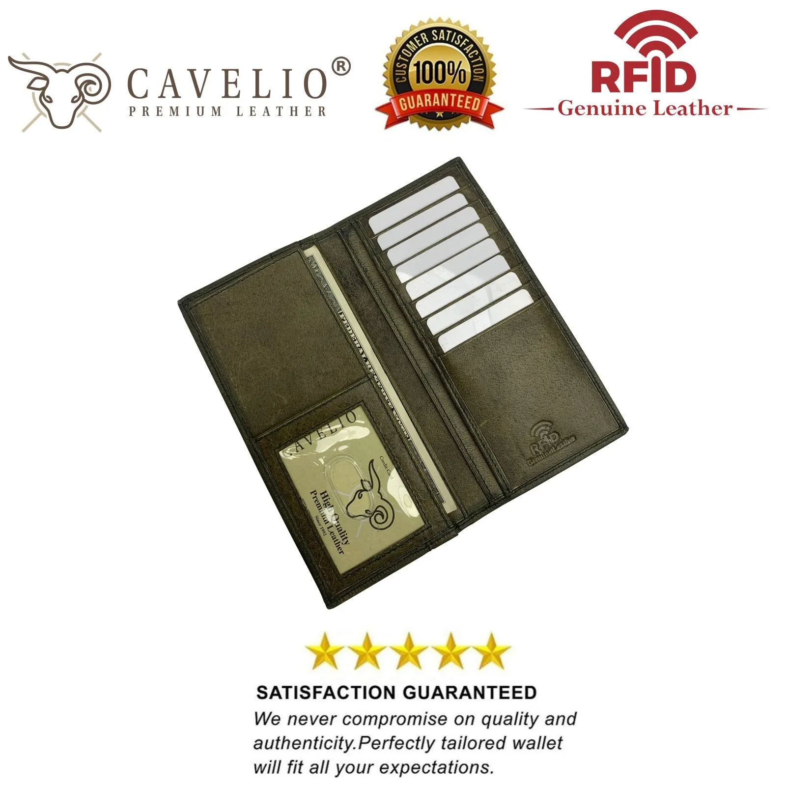 Genuine Leather Long Bifold Checkbook Cover Wallet Multi Card Pocket Holder USA Series RFID154HU