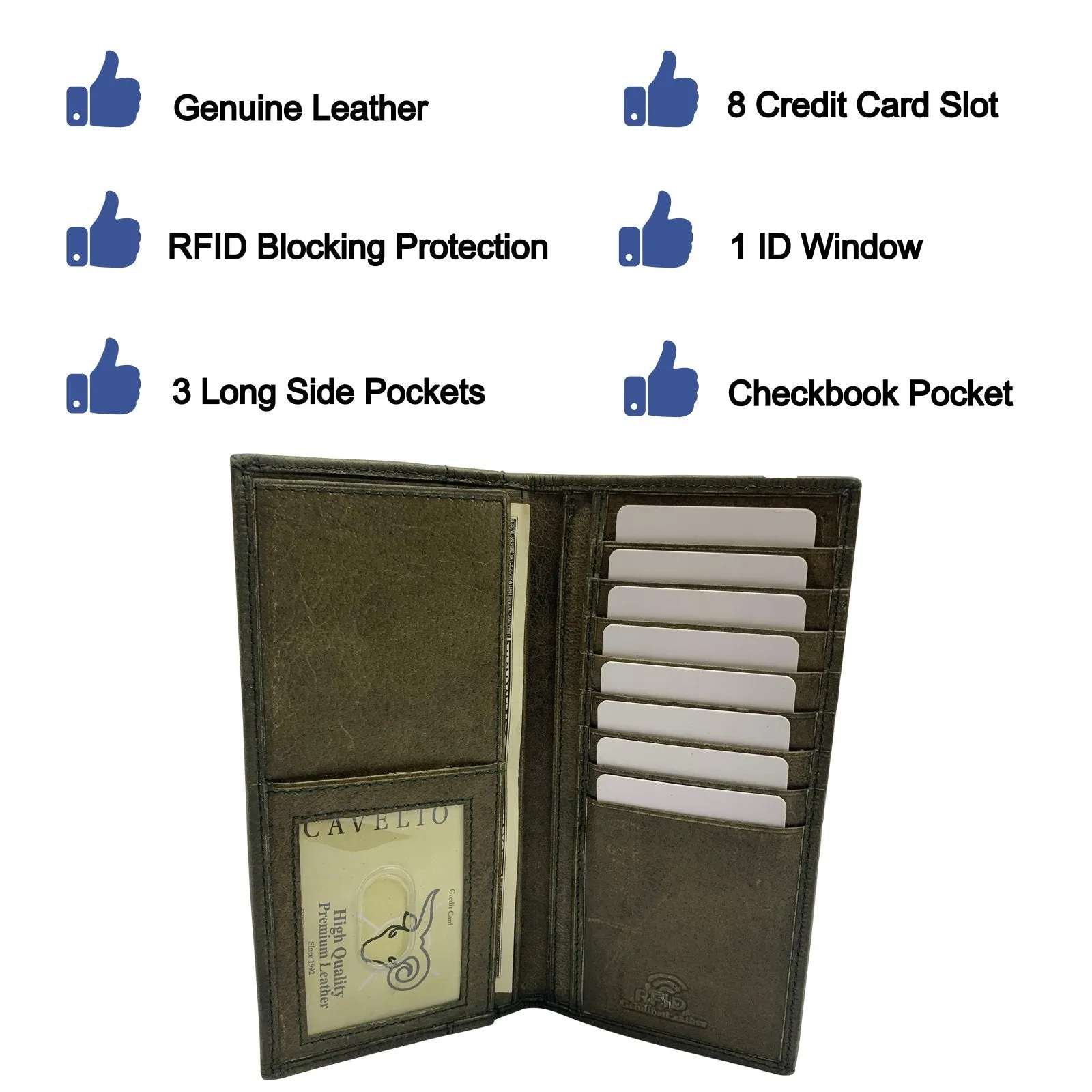 Genuine Leather Long Bifold Checkbook Cover Wallet Multi Card Pocket Holder USA Series RFID154HU