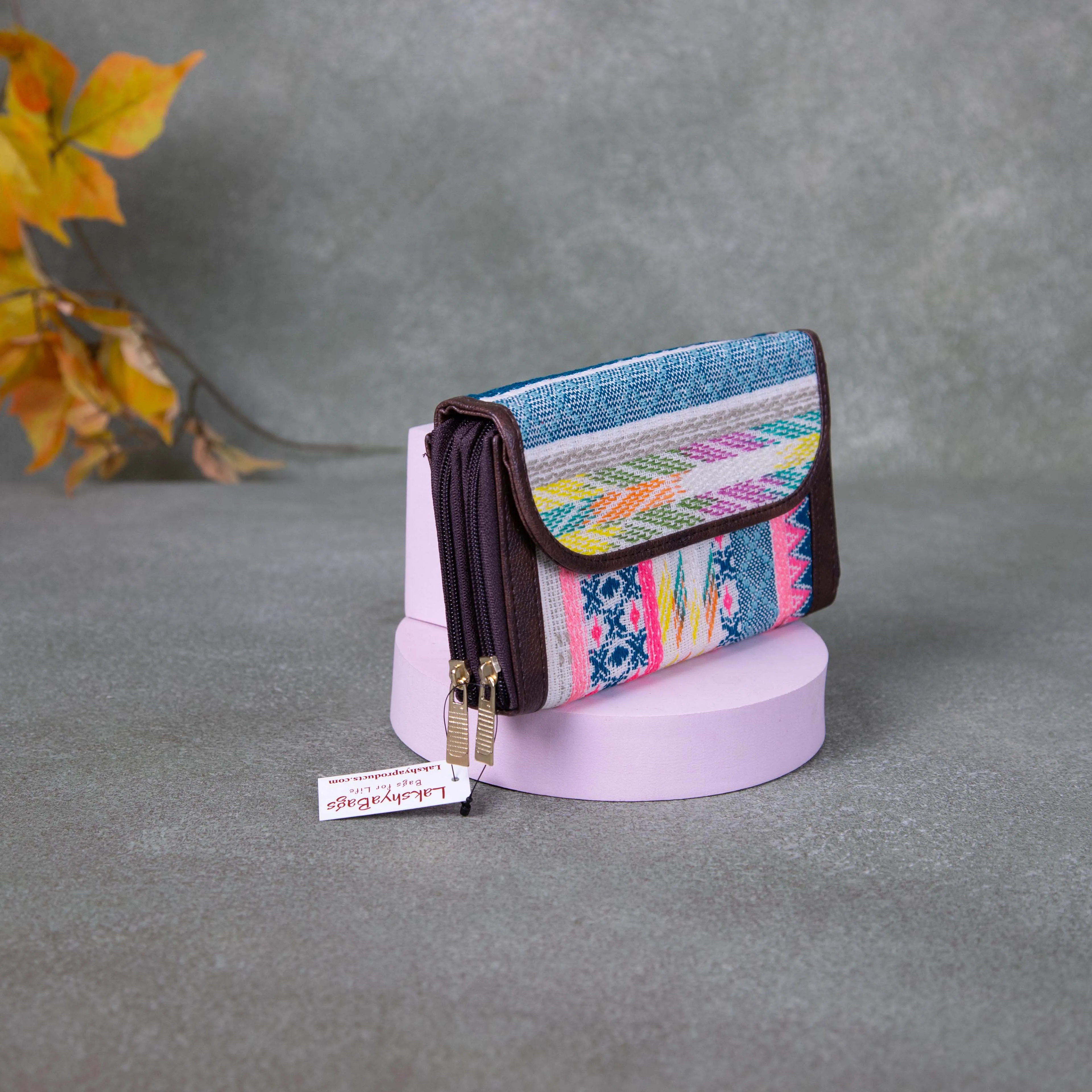 Handmade Wallets - Dual Zip  Pink with Blue Colour