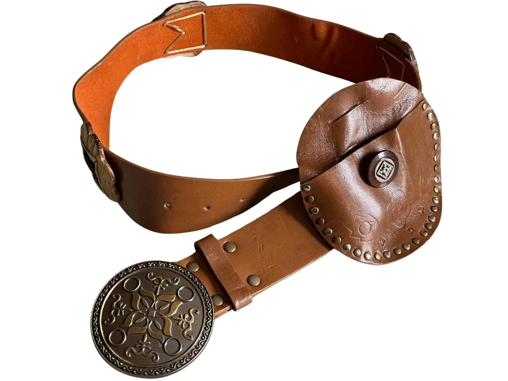 Ladies Brown Faux Leather Round Brass Vintage Metal Hook Buckle Belts