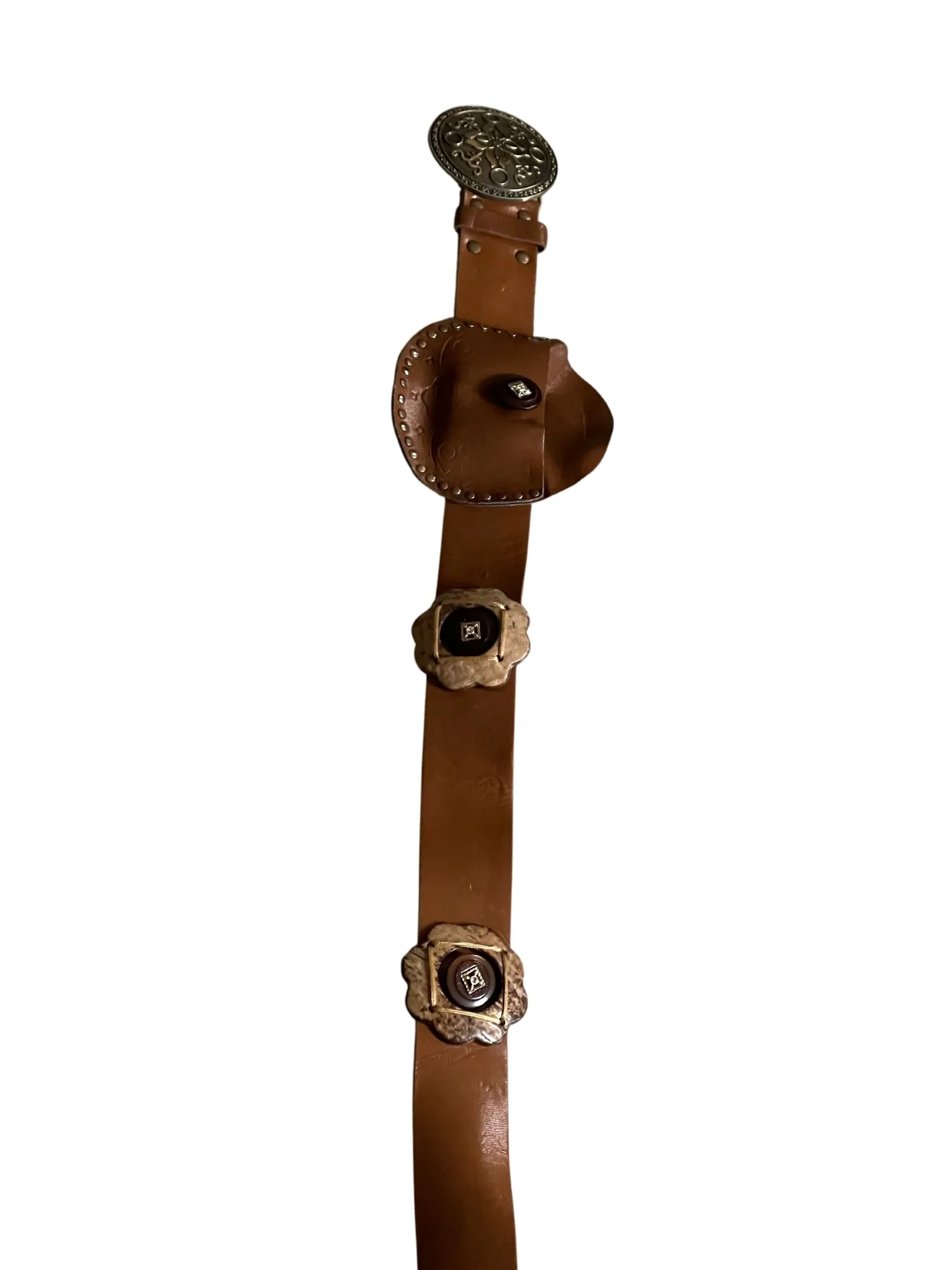 Ladies Brown Faux Leather Round Brass Vintage Metal Hook Buckle Belts