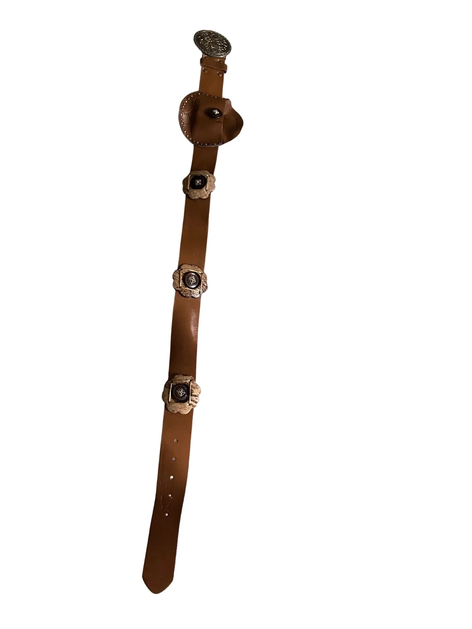 Ladies Brown Faux Leather Round Brass Vintage Metal Hook Buckle Belts