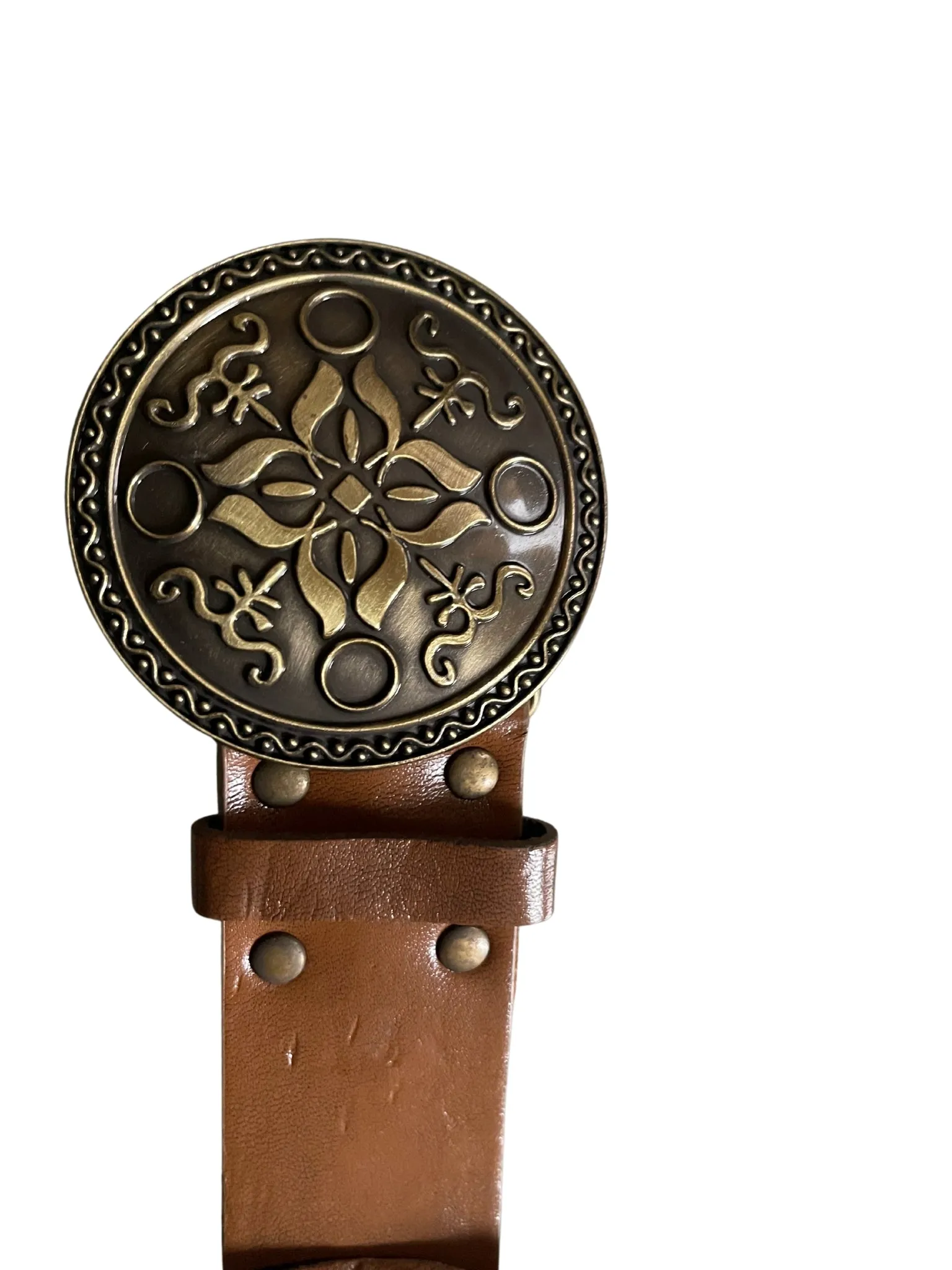 Ladies Brown Faux Leather Round Brass Vintage Metal Hook Buckle Belts