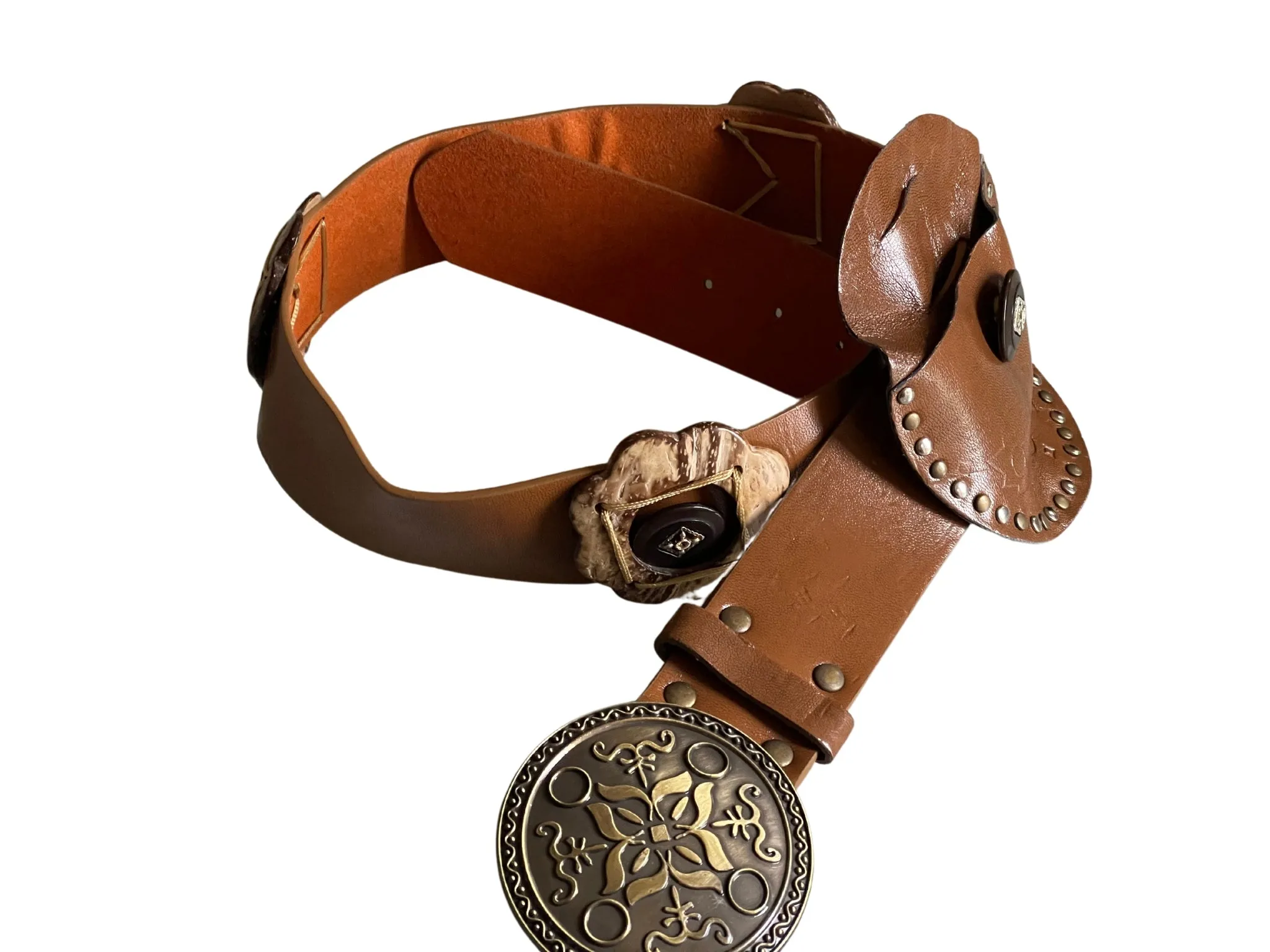 Ladies Brown Faux Leather Round Brass Vintage Metal Hook Buckle Belts