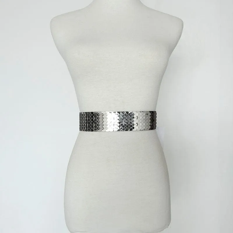Luxury Gold/Silver/Black Elastic Wide Black Metal Belt For Women-WG13
