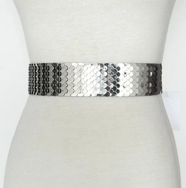 Luxury Gold/Silver/Black Elastic Wide Black Metal Belt For Women-WG13