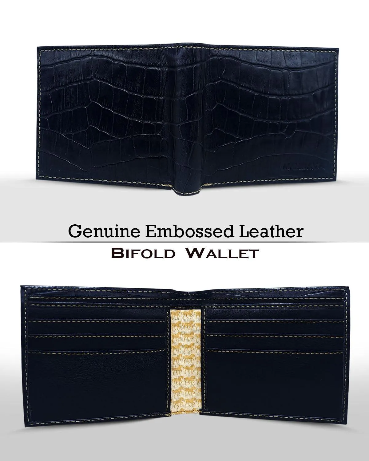 MANDAVA Genuine Embossed Leather Slim Bifold RFID Blocking Wallet for Men (Dark Blue)