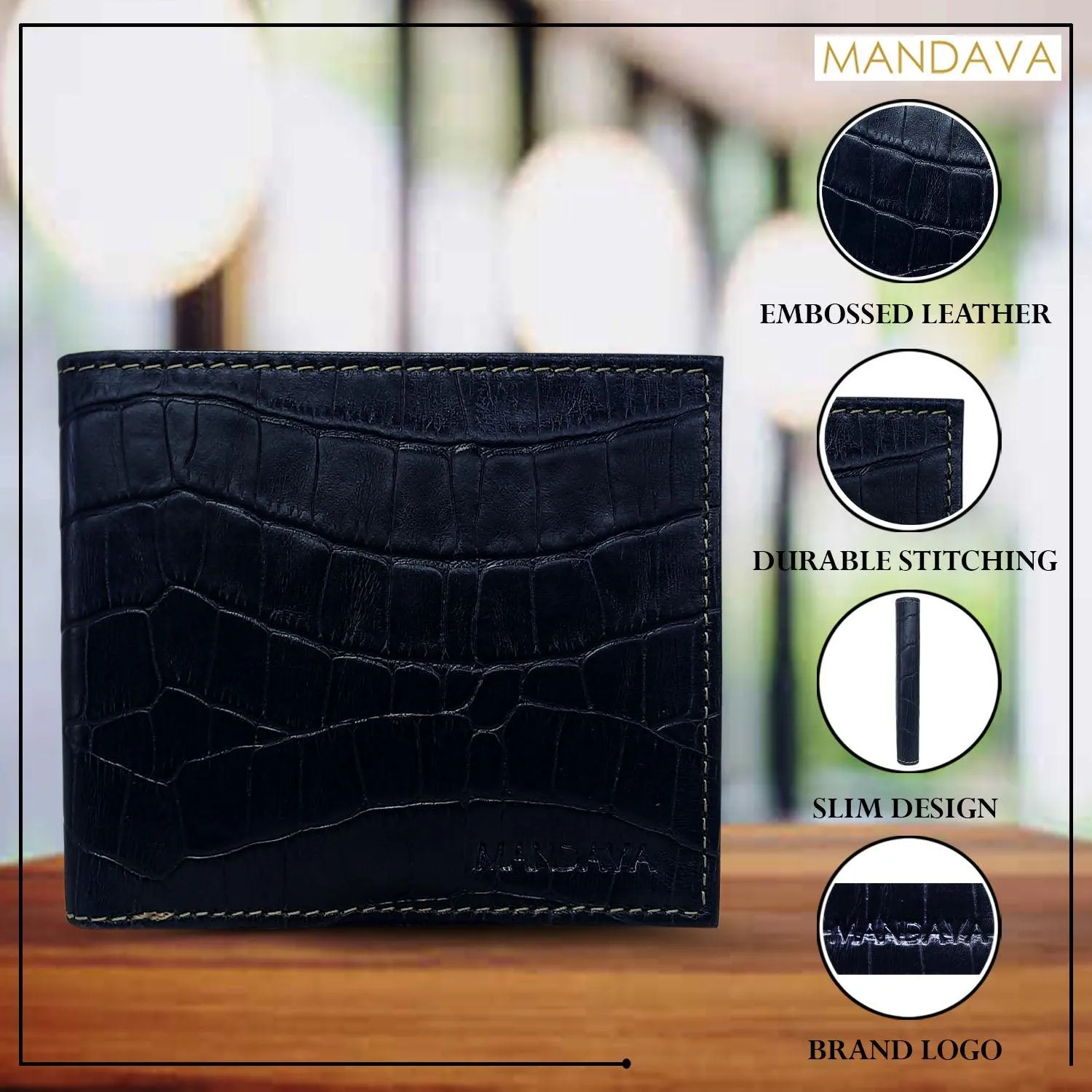 MANDAVA Genuine Embossed Leather Slim Bifold RFID Blocking Wallet for Men (Dark Blue)