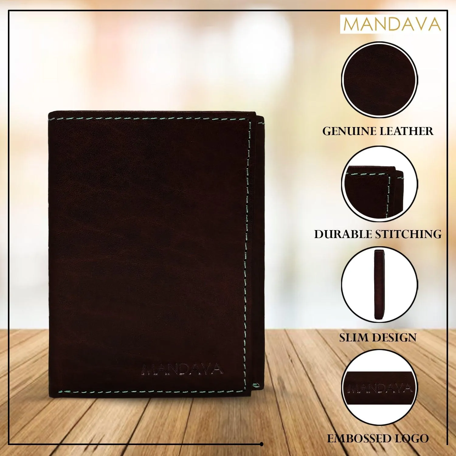 MANDAVA Top Grain Genuine Leather Slim Trifold RFID Blocking Wallet for Mens (Dark Brown)