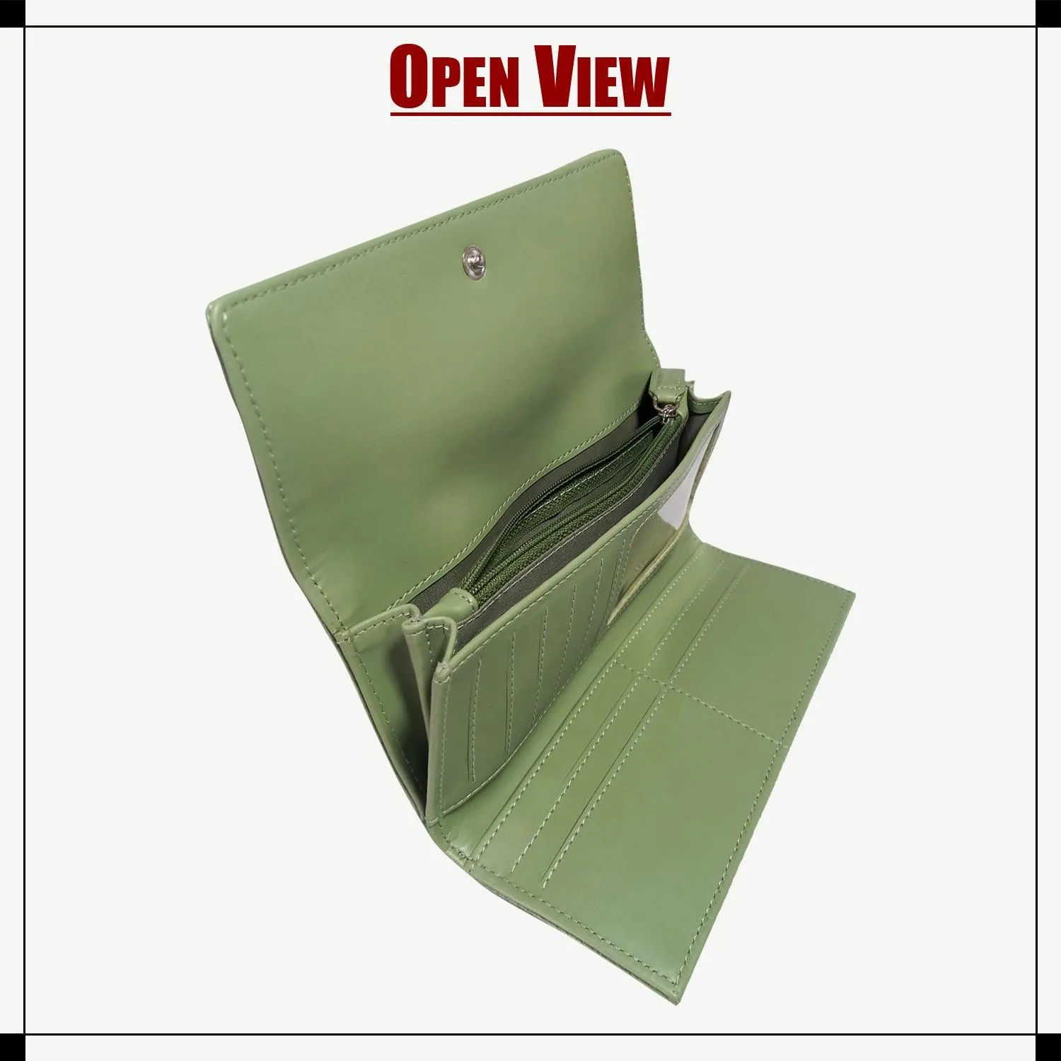 MANDAVA Women's PU Leather Slim Wallet | Ladies Compact Card Holder Trifold Long Purse (Terrain Green)
