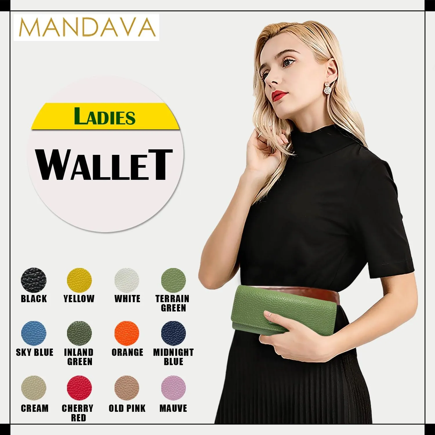 MANDAVA Women's PU Leather Slim Wallet | Ladies Compact Card Holder Trifold Long Purse (Terrain Green)