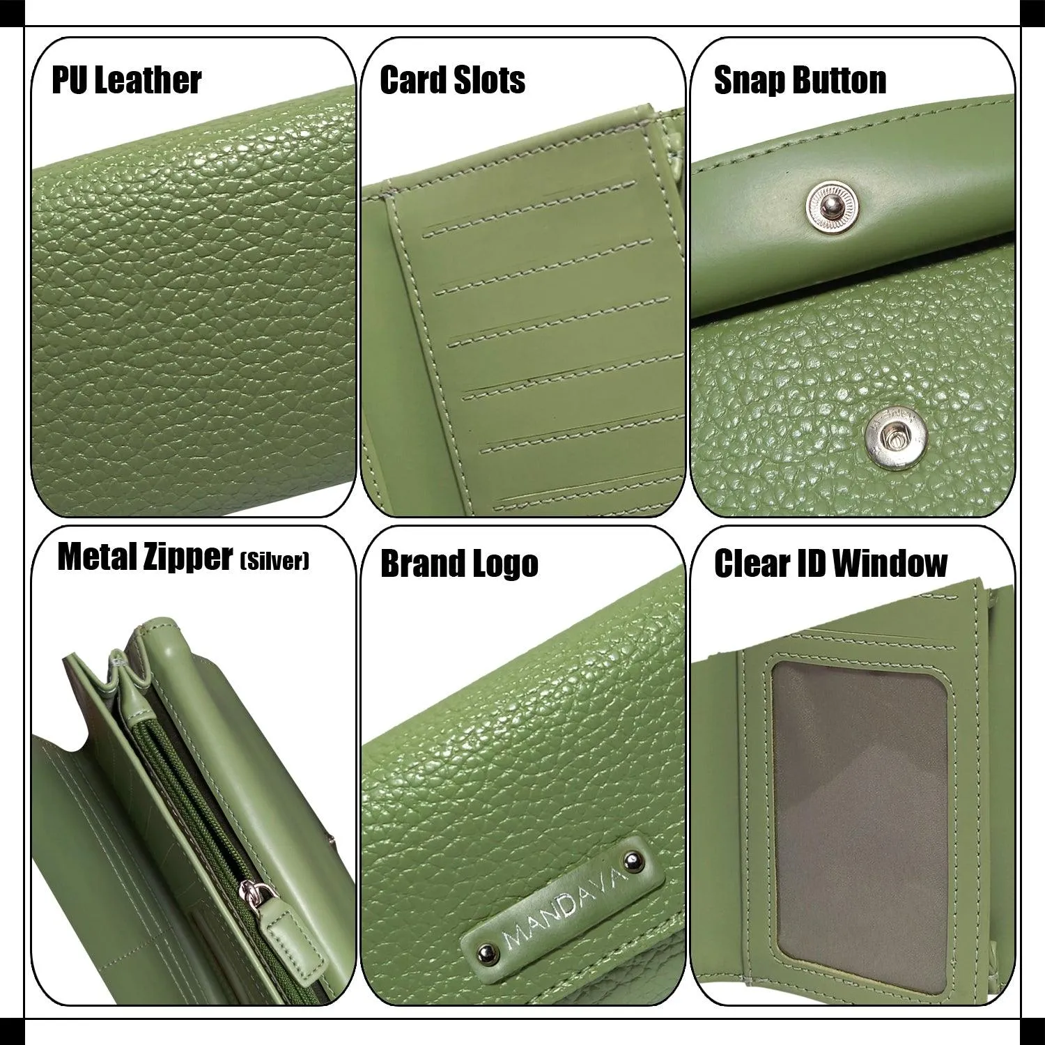 MANDAVA Women's PU Leather Slim Wallet | Ladies Compact Card Holder Trifold Long Purse (Terrain Green)