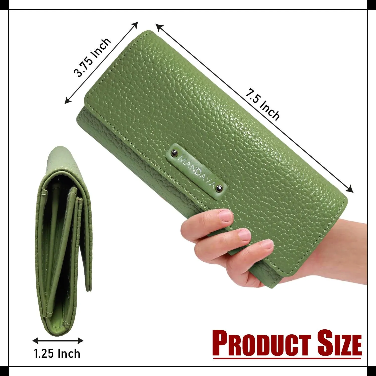 MANDAVA Women's PU Leather Slim Wallet | Ladies Compact Card Holder Trifold Long Purse (Terrain Green)