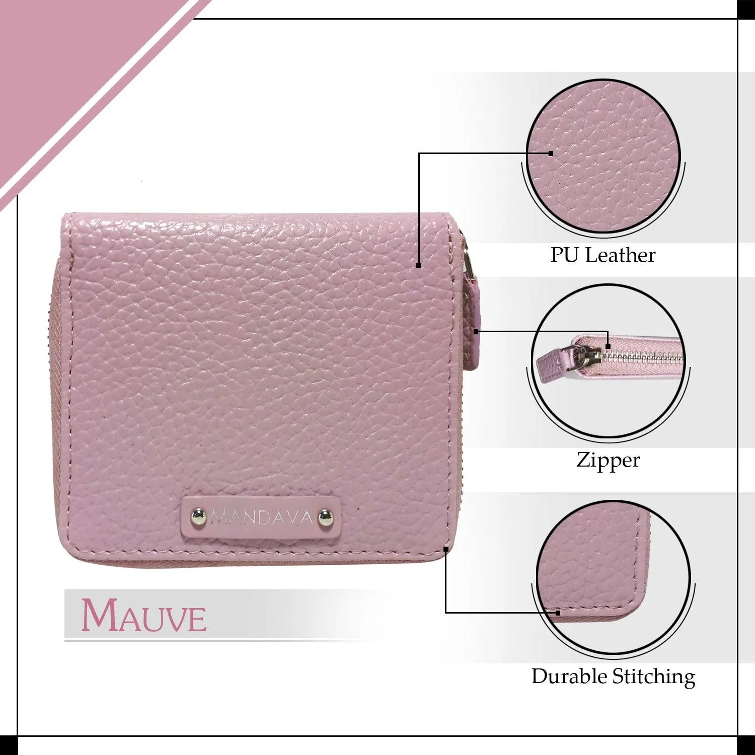 MANDAVA Women's Small Bifold PU Leather Wallet | Ladies Slim Compact Card Holder Organizer Zipper Coin Purse (Mauve)
