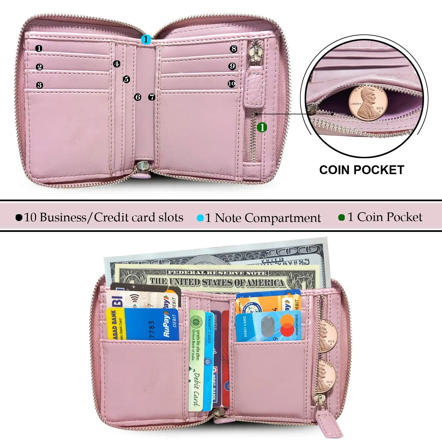MANDAVA Women's Small Bifold PU Leather Wallet | Ladies Slim Compact Card Holder Organizer Zipper Coin Purse (Mauve)