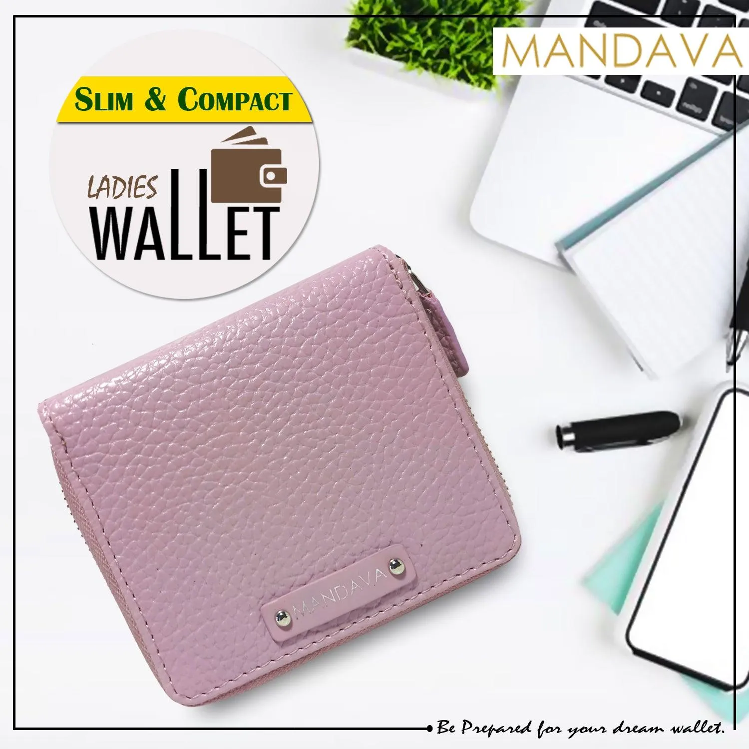 MANDAVA Women's Small Bifold PU Leather Wallet | Ladies Slim Compact Card Holder Organizer Zipper Coin Purse (Mauve)