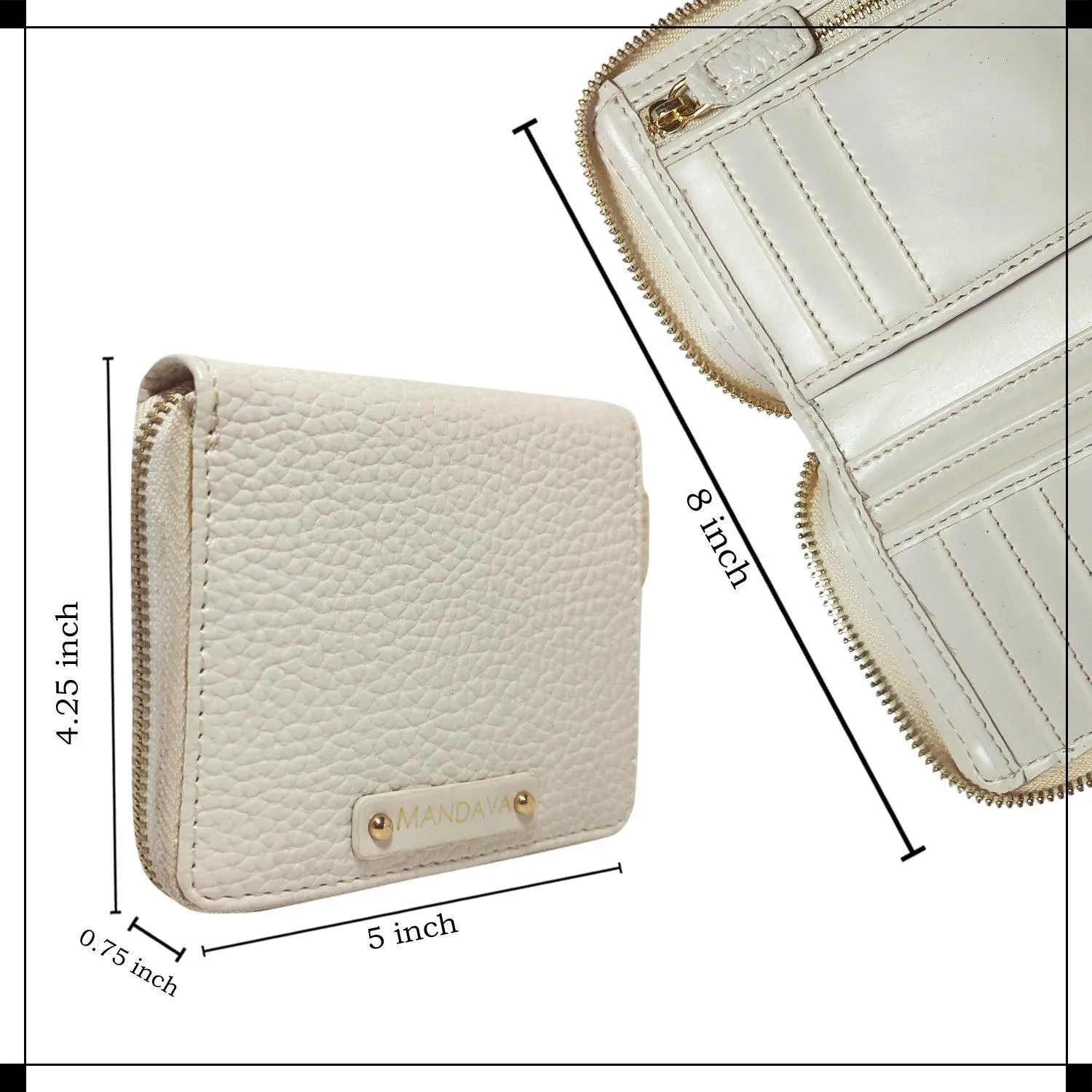 MANDAVA Women's Small Bifold PU Leather Wallet | Ladies Slim Compact Card Holder Organizer Zipper Coin Purse (White)