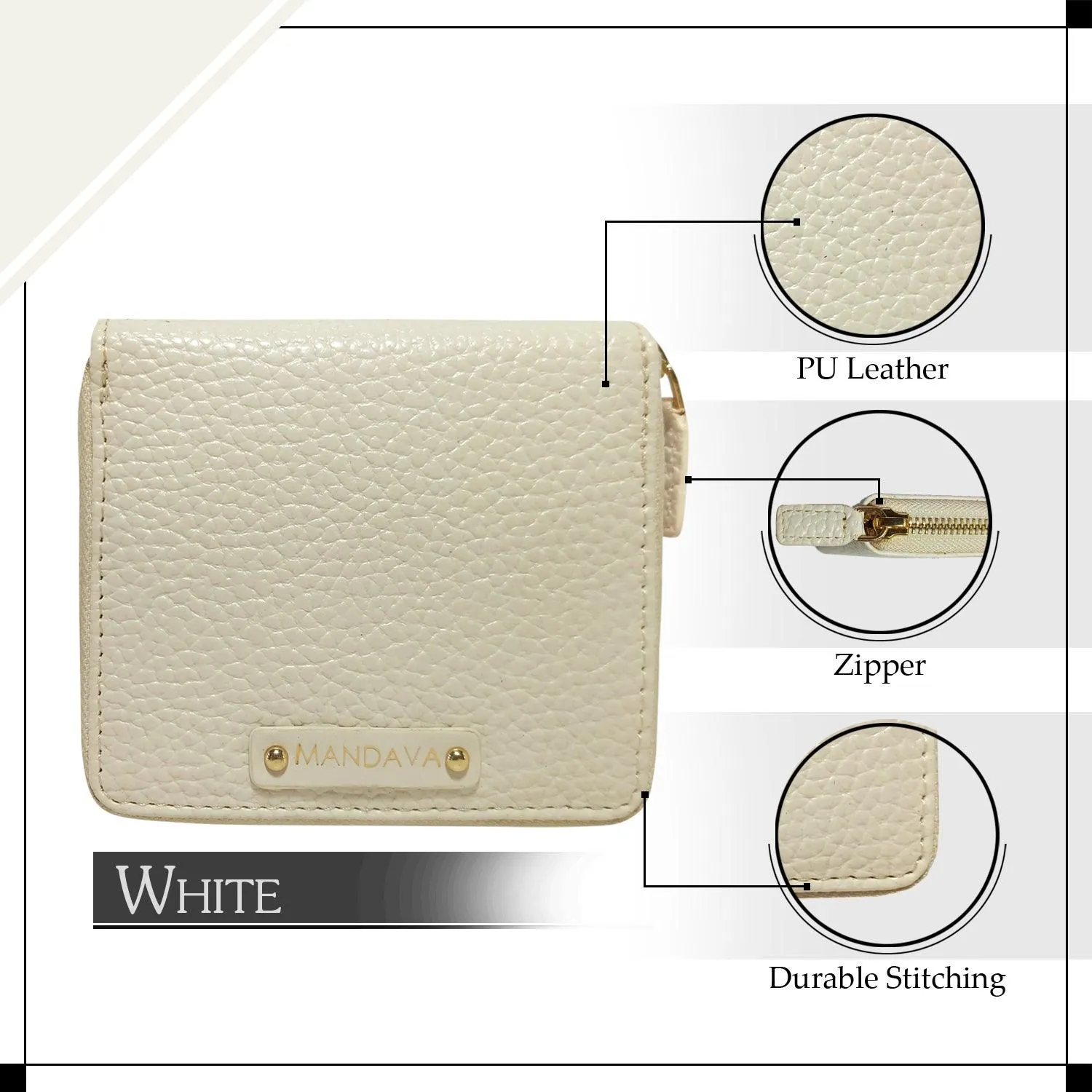 MANDAVA Women's Small Bifold PU Leather Wallet | Ladies Slim Compact Card Holder Organizer Zipper Coin Purse (White)