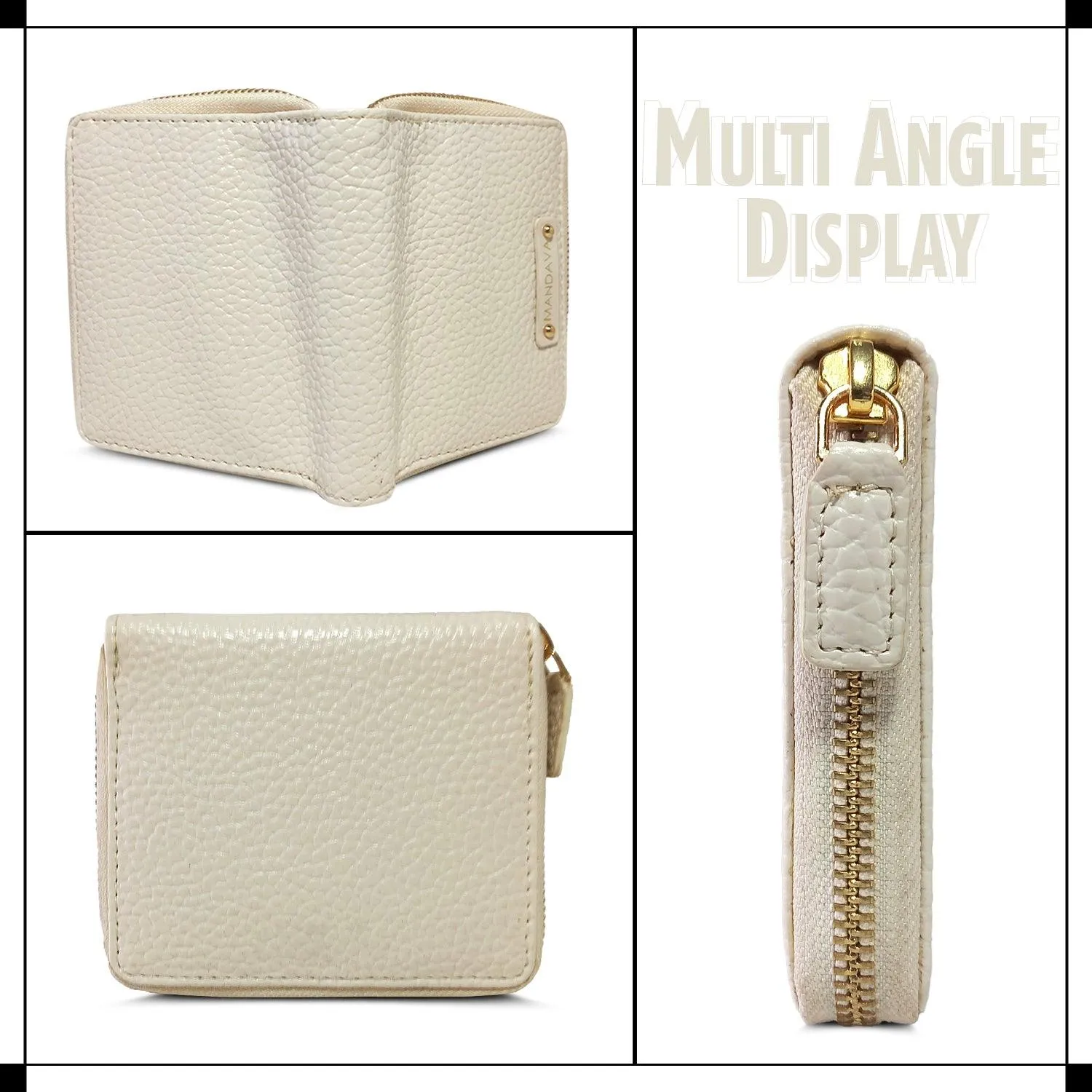 MANDAVA Women's Small Bifold PU Leather Wallet | Ladies Slim Compact Card Holder Organizer Zipper Coin Purse (White)