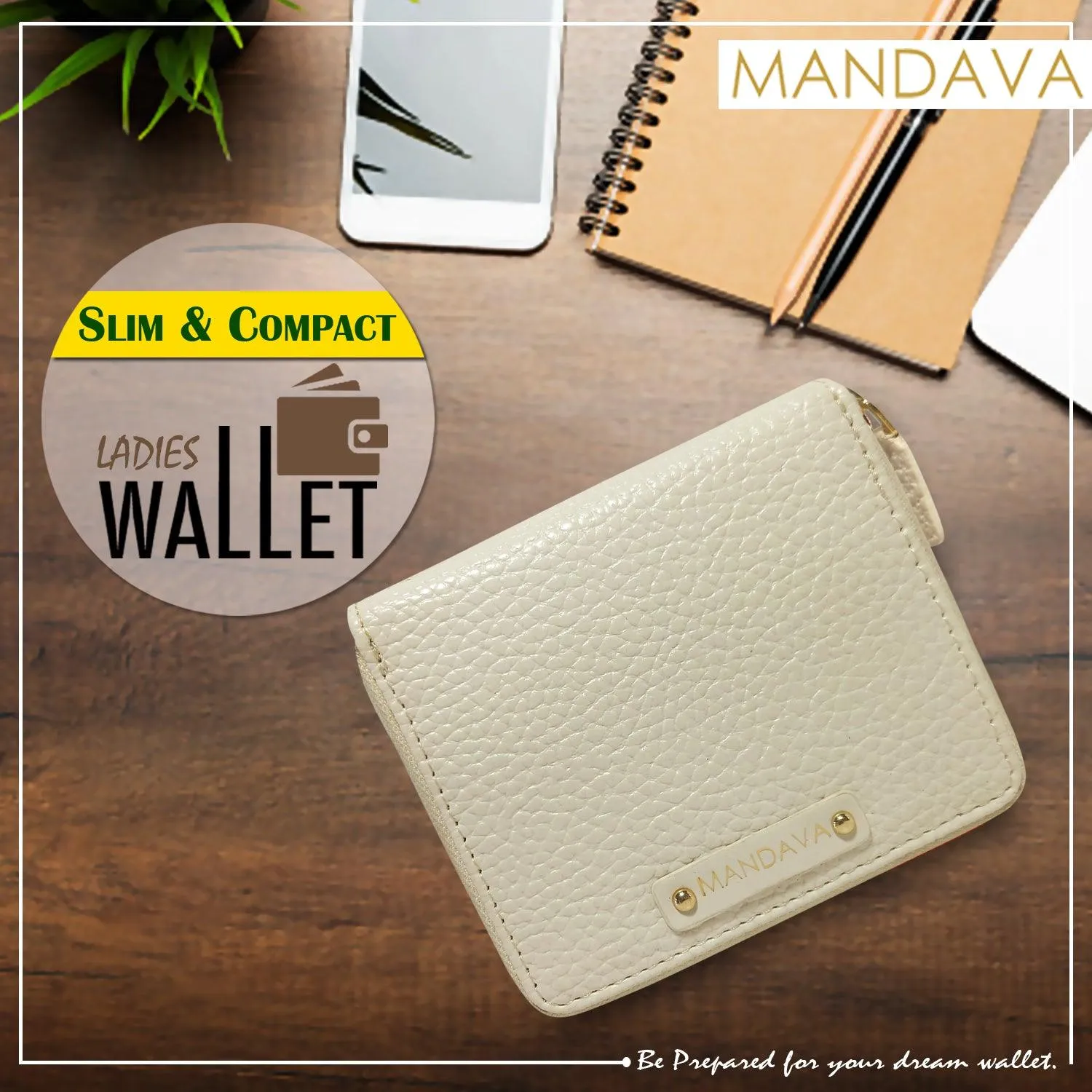 MANDAVA Women's Small Bifold PU Leather Wallet | Ladies Slim Compact Card Holder Organizer Zipper Coin Purse (White)