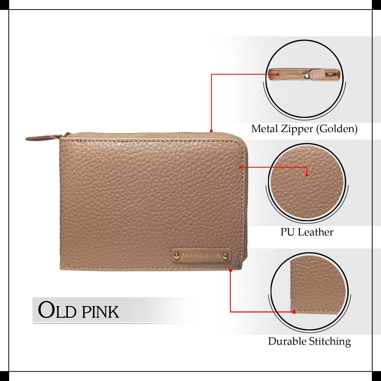 MANDAVA Women's/Ladies Small PU Leather Slim Compact Passport Holder Zipper Travel Wallet (Old Pink)