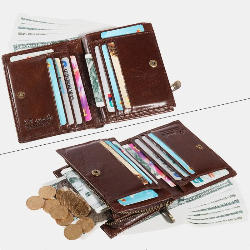 Men Bifold Short Money Clip Multifunctional RFID Anti-theft Genuine Leather Wallets Multi-card Slot Card Holder Coin Purse