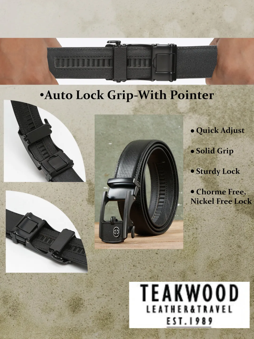 Men Black Texture Leather Auto-Lock Belt