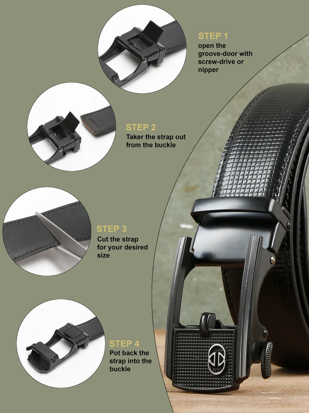 Men Black Texture Leather Auto-Lock Belt
