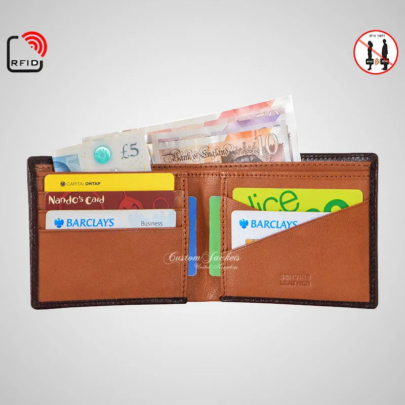 Mens Bifold Leather Wallet Brown Tan Card Holder RFID PROTECTED