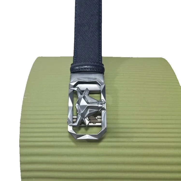 Mens Blue Patern Leather Belt with Automatic Bull's Head Clasp