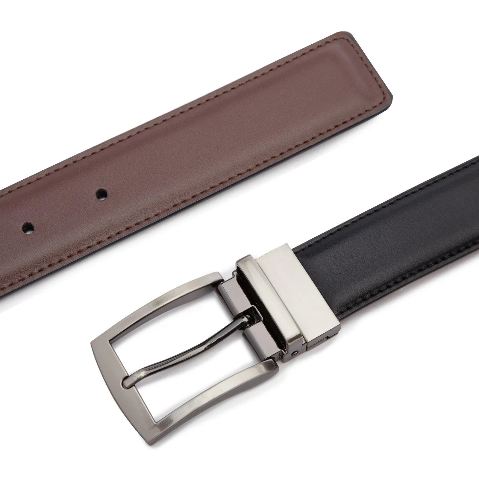 Men's Reversible Stretch Leather Belt with Brushed Buckle
