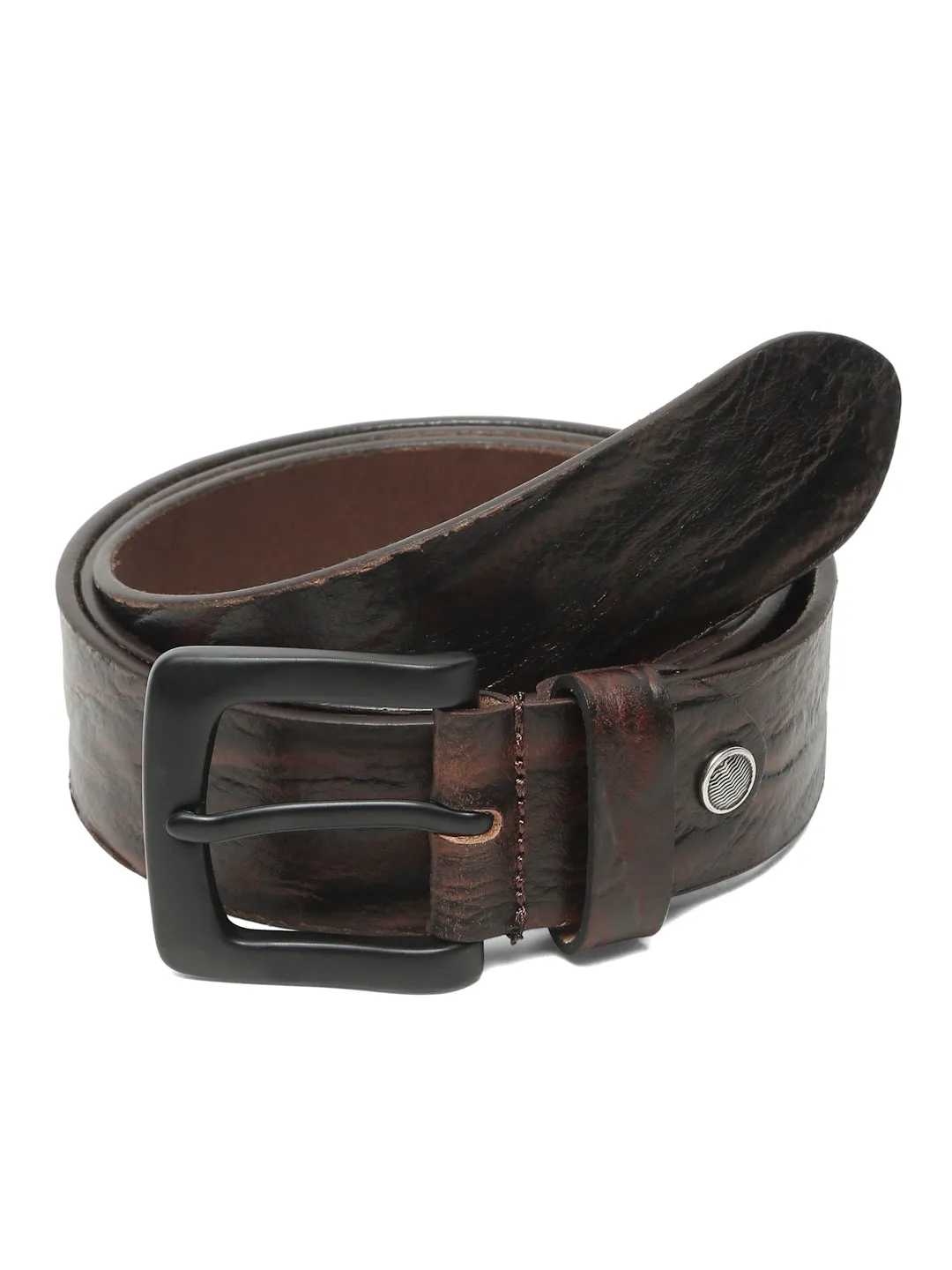 Men's Textured Brown Leather Casual Belt With Black Buckle