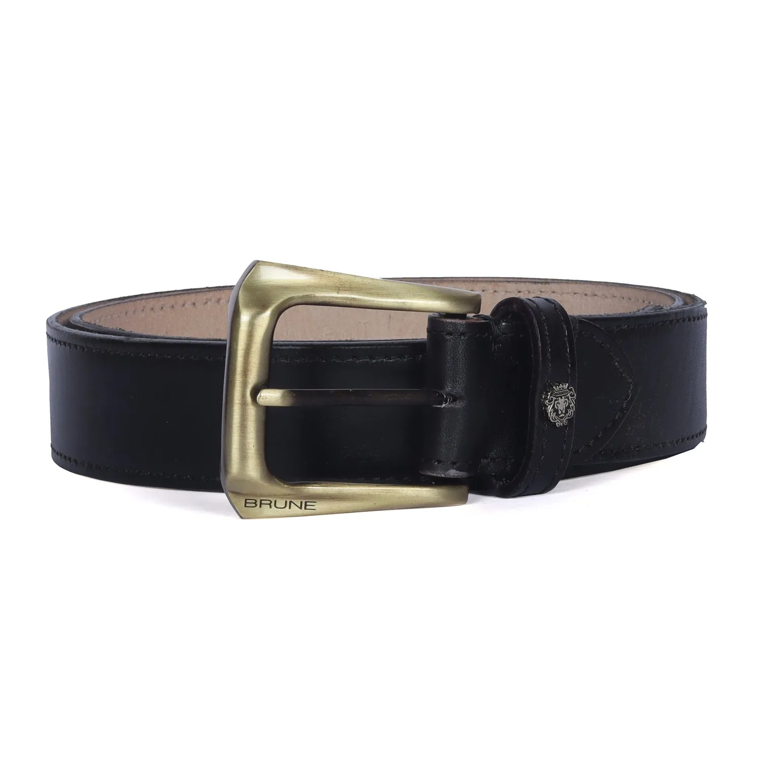 Mini Lion Black Leather Belt For Men with Smokey Gold Slant Shape Buckle By Brune & Bareskin