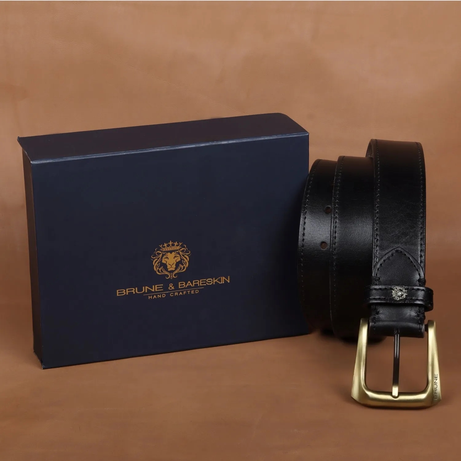 Mini Lion Black Leather Belt For Men with Smokey Gold Slant Shape Buckle By Brune & Bareskin