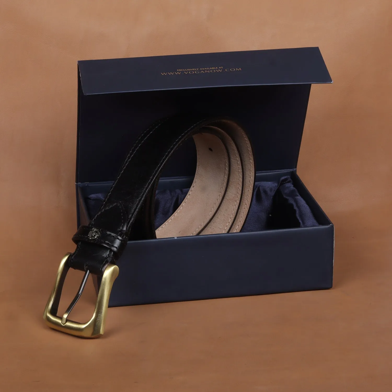 Mini Lion Black Leather Belt For Men with Smokey Gold Slant Shape Buckle By Brune & Bareskin