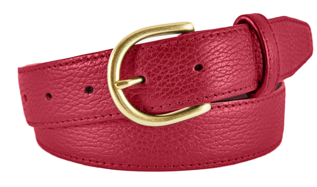 Red Pebbled Leather Belt, Soho Buckle (Gold)