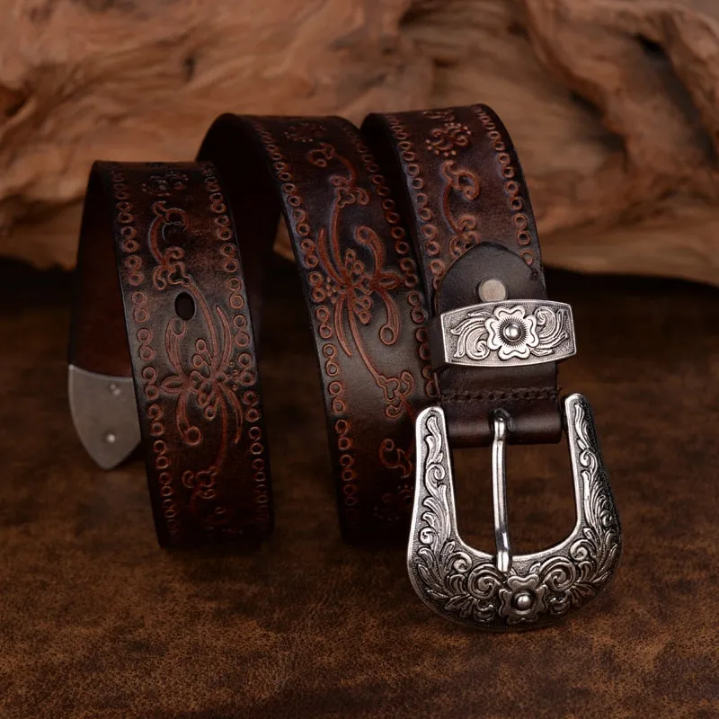 Retro Flower Embossed Pin Buckle Belt