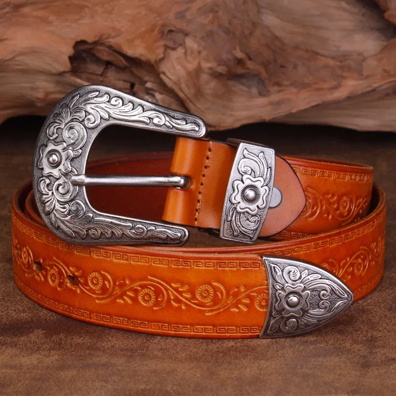 Retro Flower Embossed Pin Buckle Belt