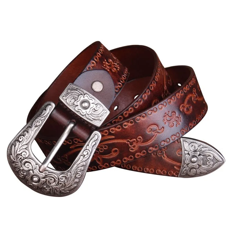 Retro Flower Embossed Pin Buckle Belt