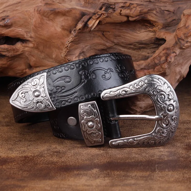 Retro Flower Embossed Pin Buckle Belt