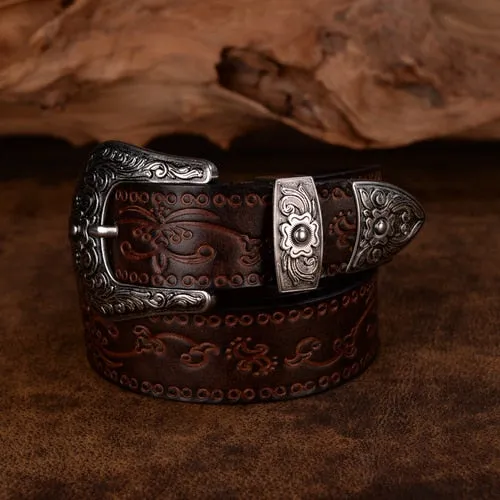 Retro Flower Embossed Pin Buckle Belt