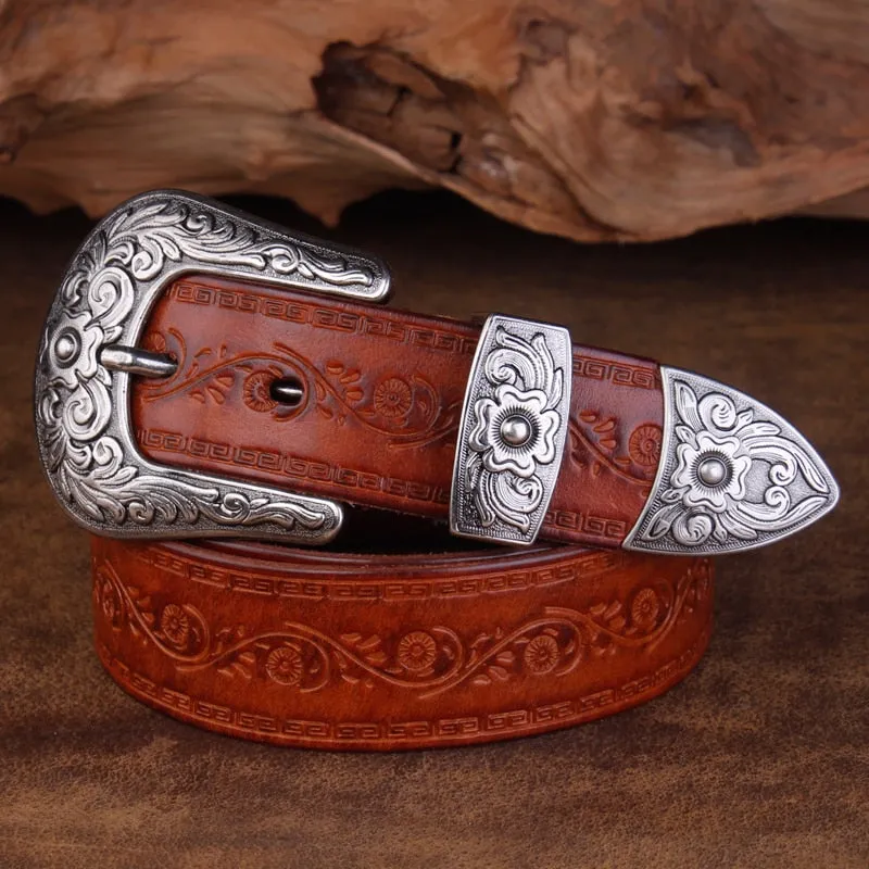 Retro Flower Embossed Pin Buckle Belt
