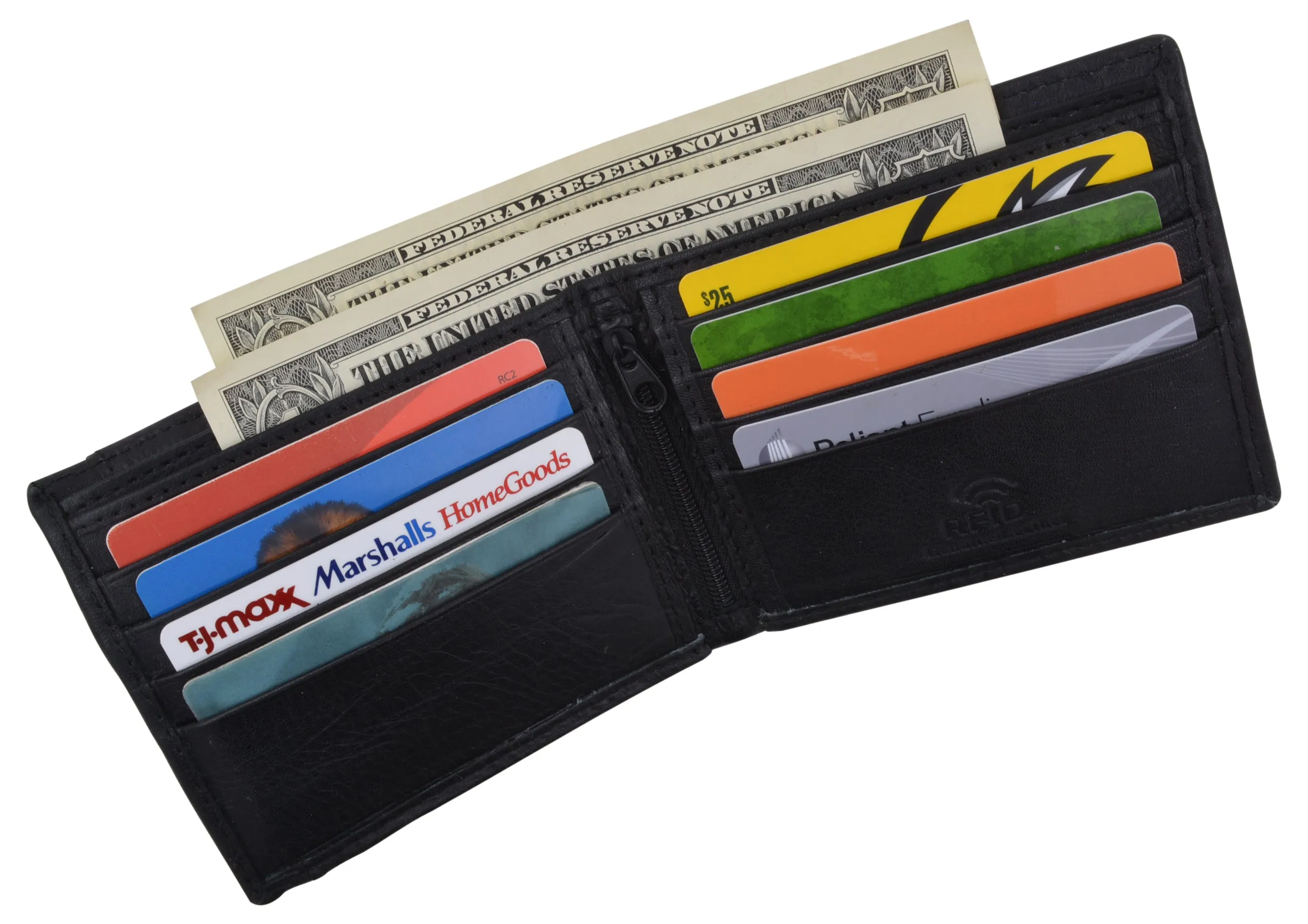 RFID Tested Premium Leather Black Bifold Wallet With Removable Front Card ID Holder