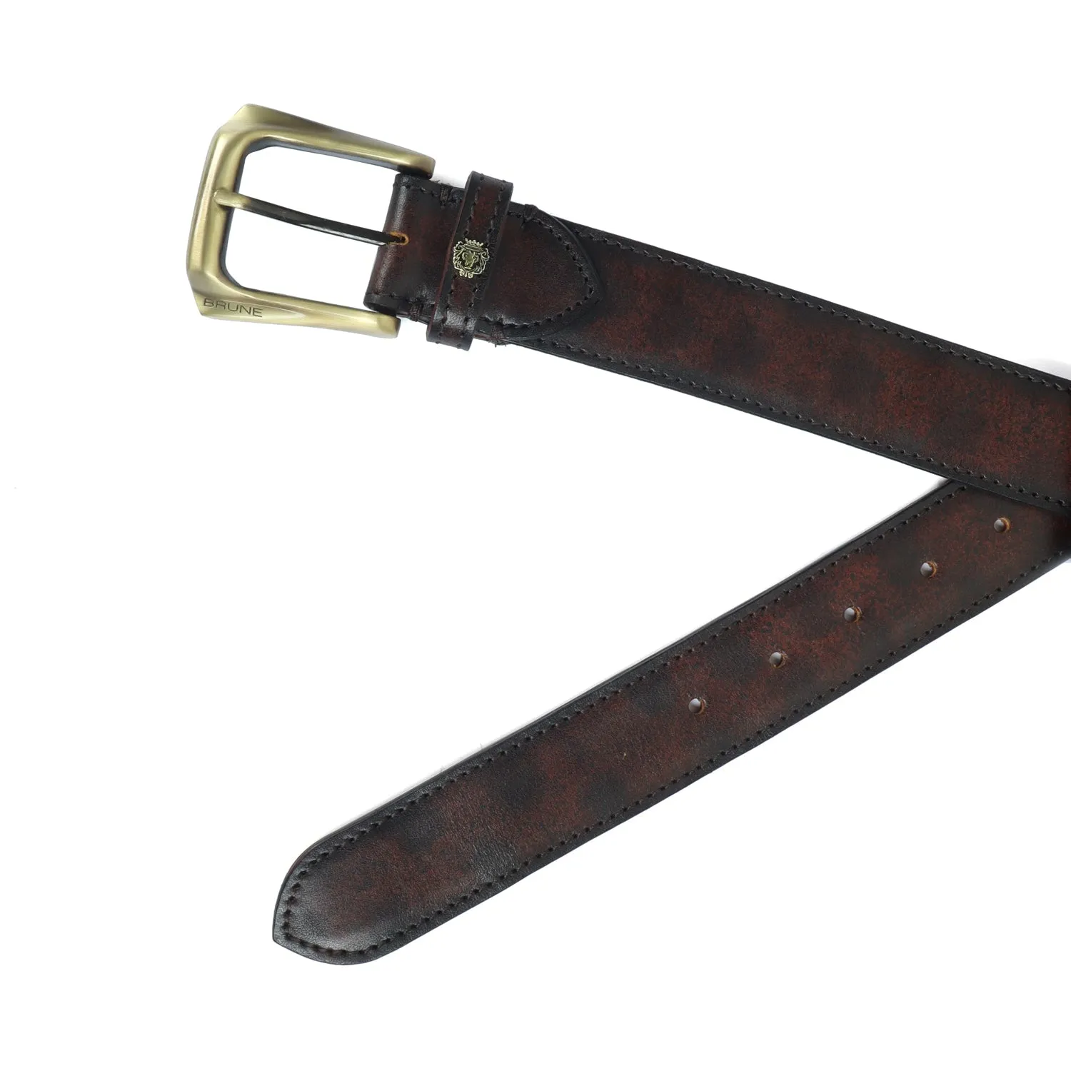 Rustic Dark Brown Leather Belt Mini Lion Slant Shape Smokey Gold Buckle By Brune & Bareskin