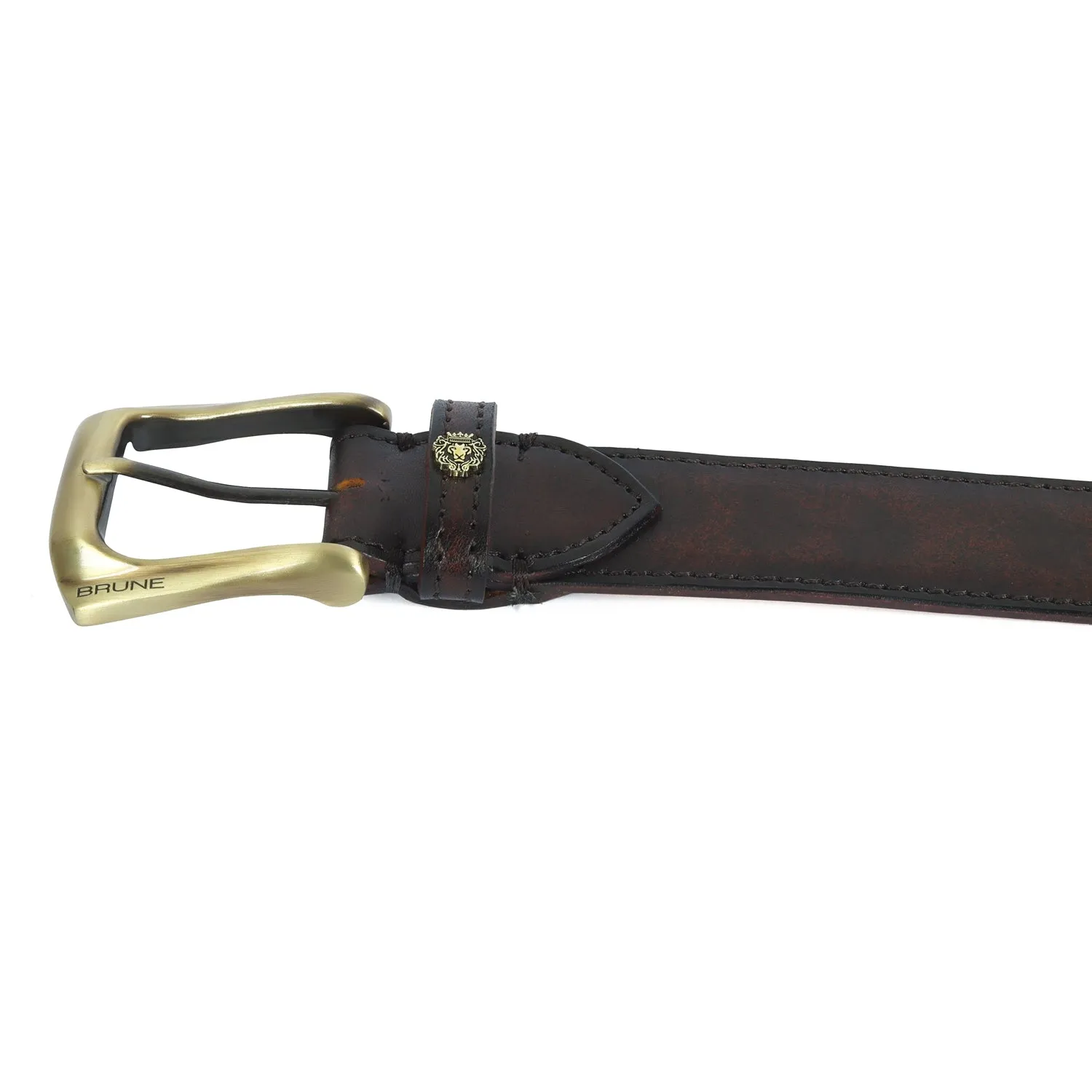 Rustic Dark Brown Leather Belt Mini Lion Slant Shape Smokey Gold Buckle By Brune & Bareskin