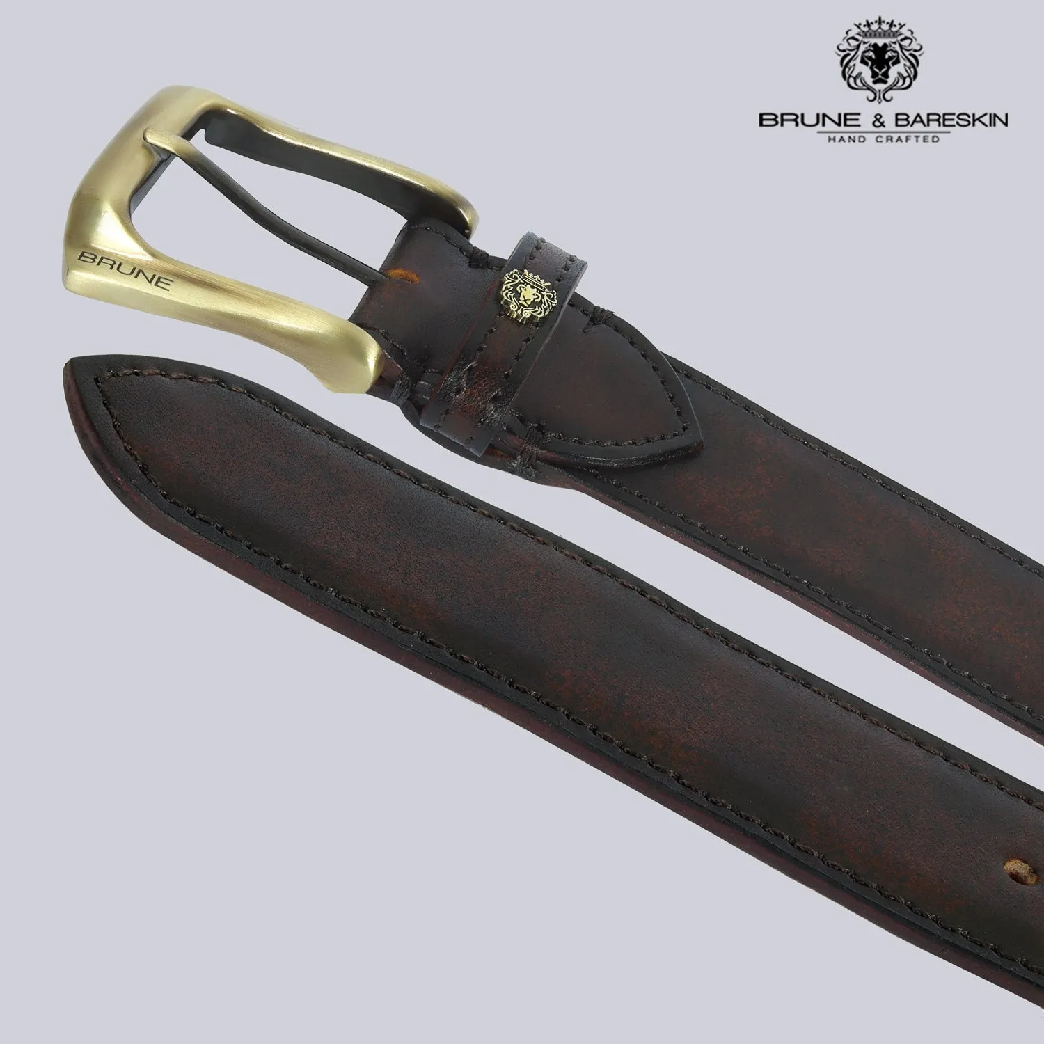 Rustic Dark Brown Leather Belt Mini Lion Slant Shape Smokey Gold Buckle By Brune & Bareskin