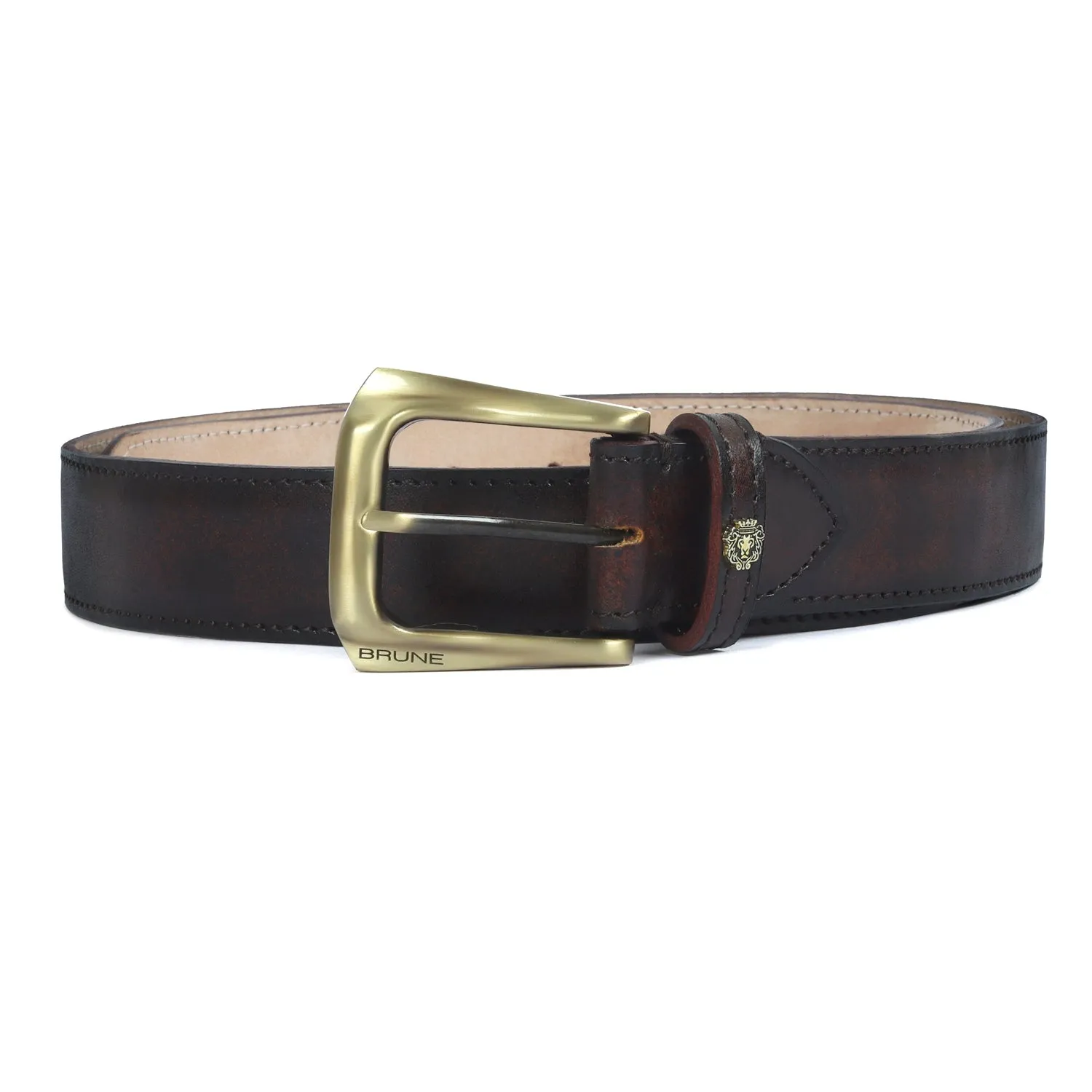 Rustic Dark Brown Leather Belt Mini Lion Slant Shape Smokey Gold Buckle By Brune & Bareskin