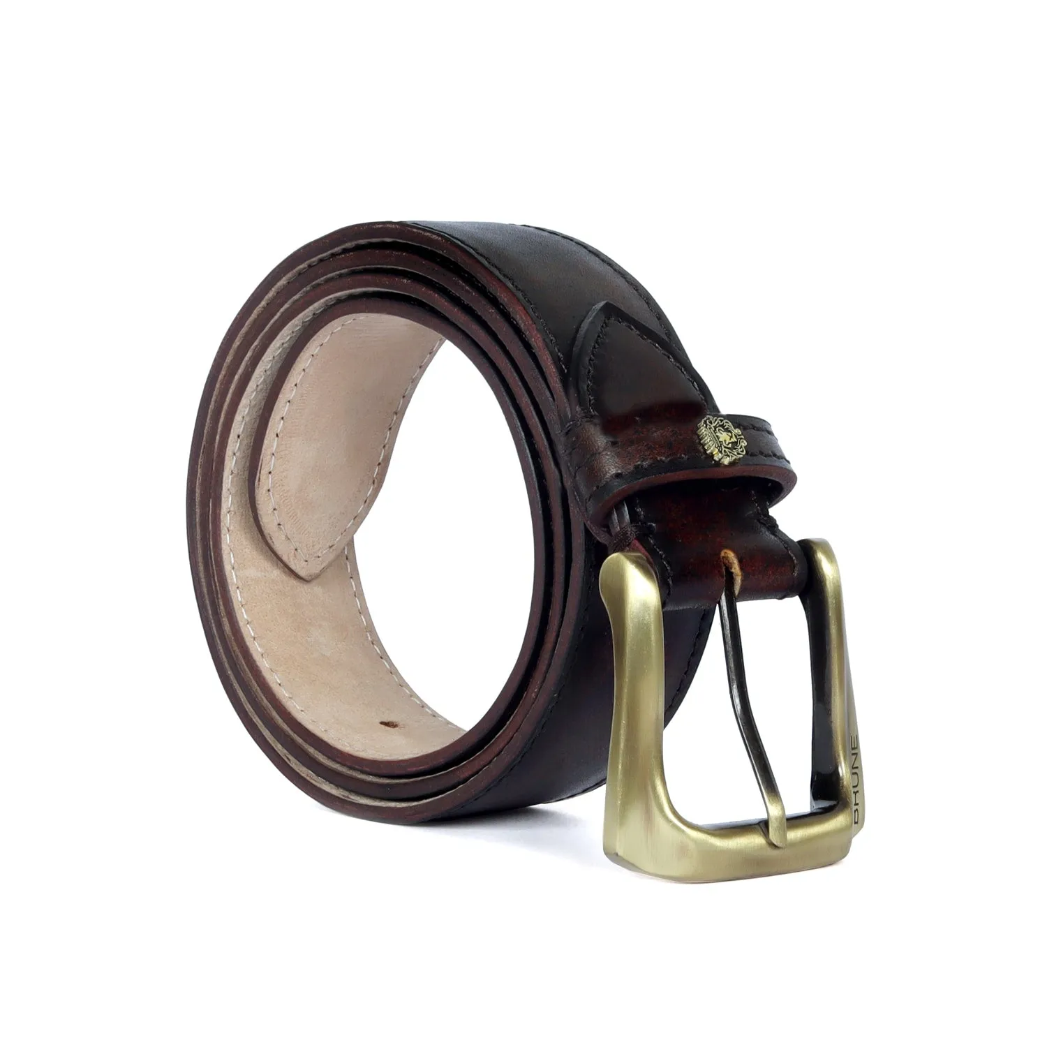 Rustic Dark Brown Leather Belt Mini Lion Slant Shape Smokey Gold Buckle By Brune & Bareskin