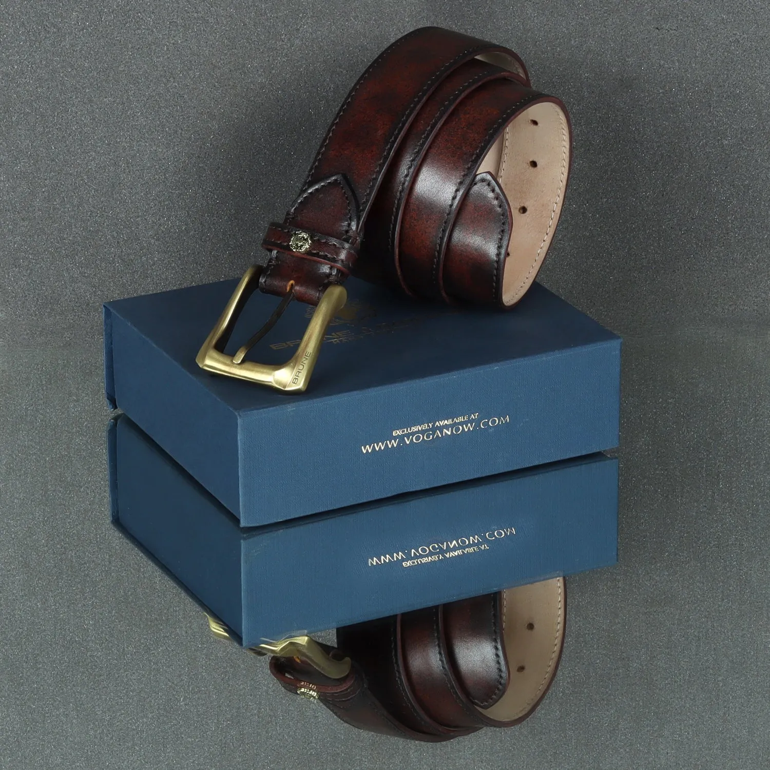 Rustic Dark Brown Leather Belt Mini Lion Slant Shape Smokey Gold Buckle By Brune & Bareskin