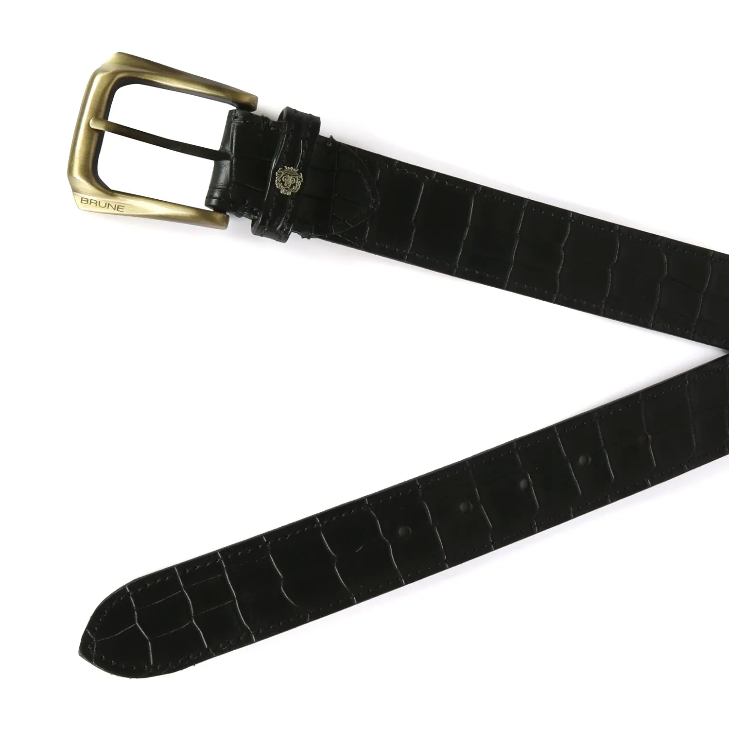 Smokey Gold Slant Shape Buckle Belt with Mini Lion Black Croco Textured Leather By Brune & Bareskin